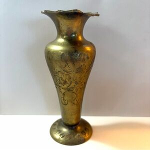 Vintage etched brass vase 5”